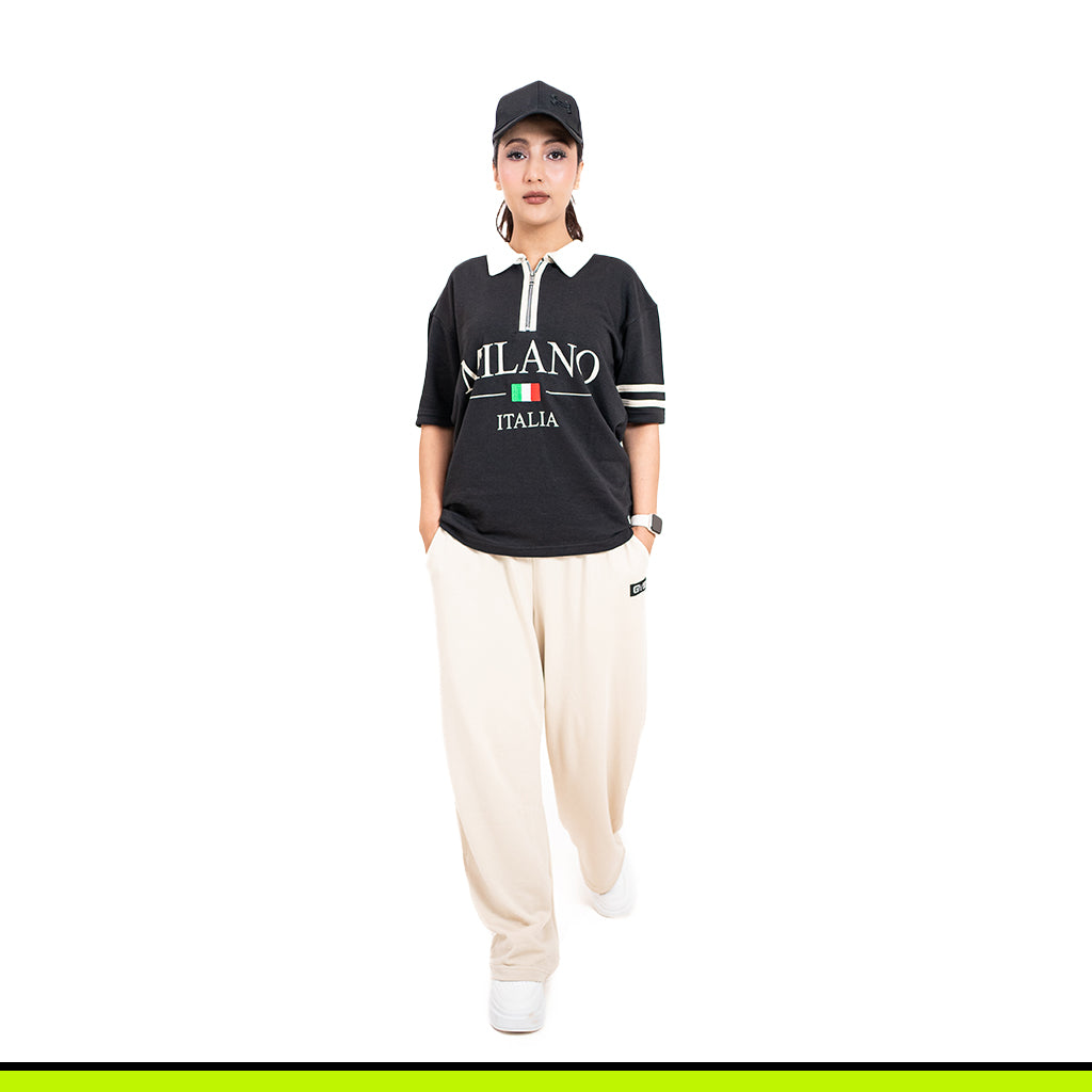 GalliWear District Polo in black French Terry with zip – front view