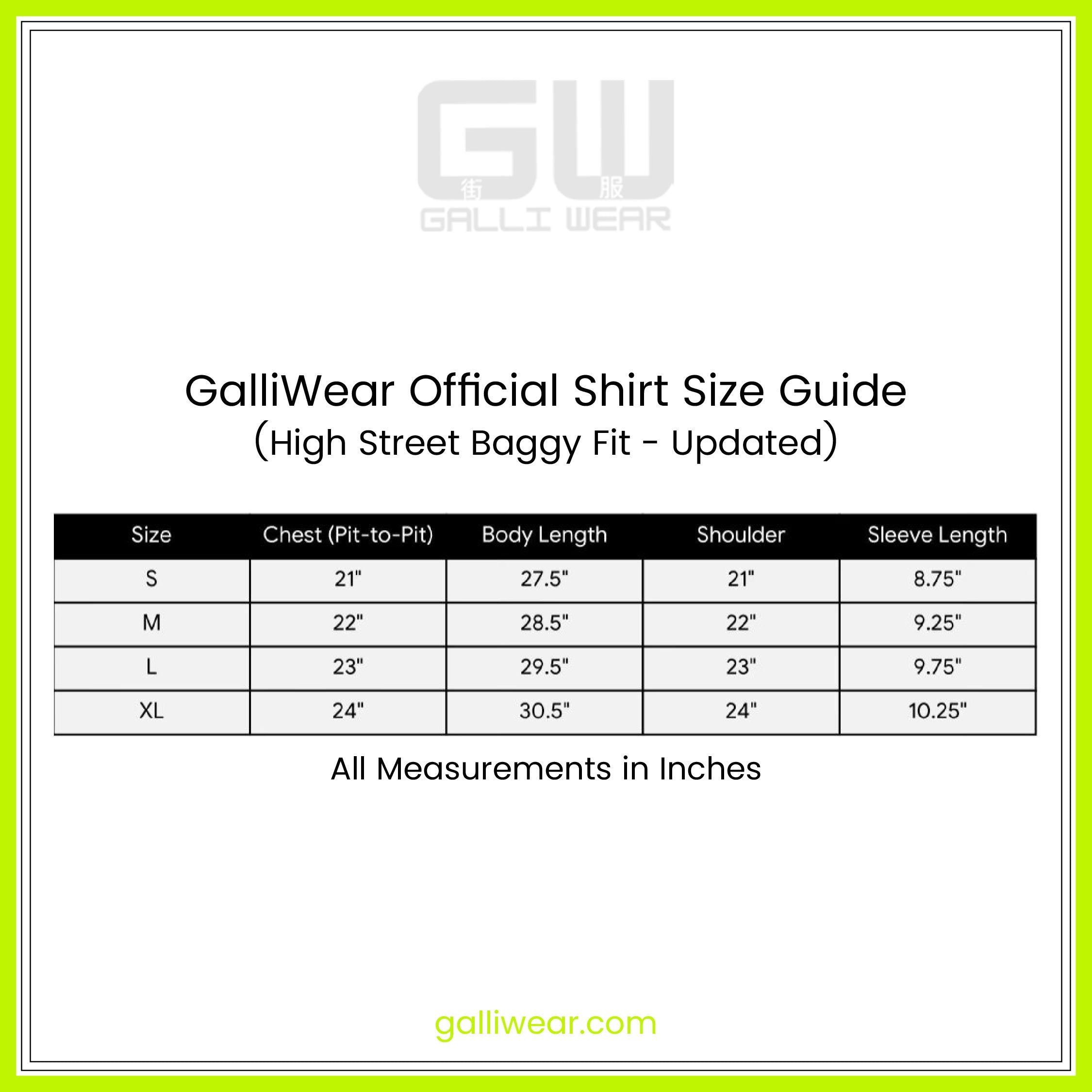 GalliWear French Terry size guide chart