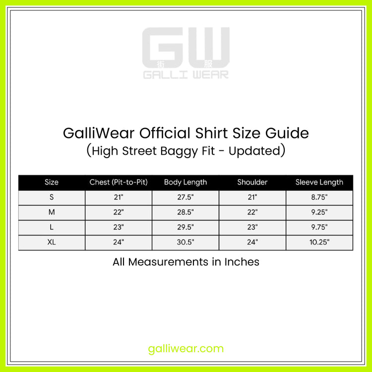 GalliWear French Terry size guide chart