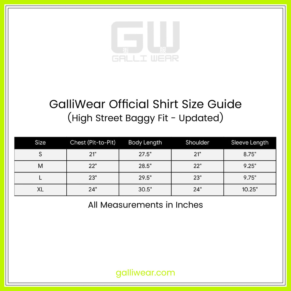 GalliWear French Terry size guide chart